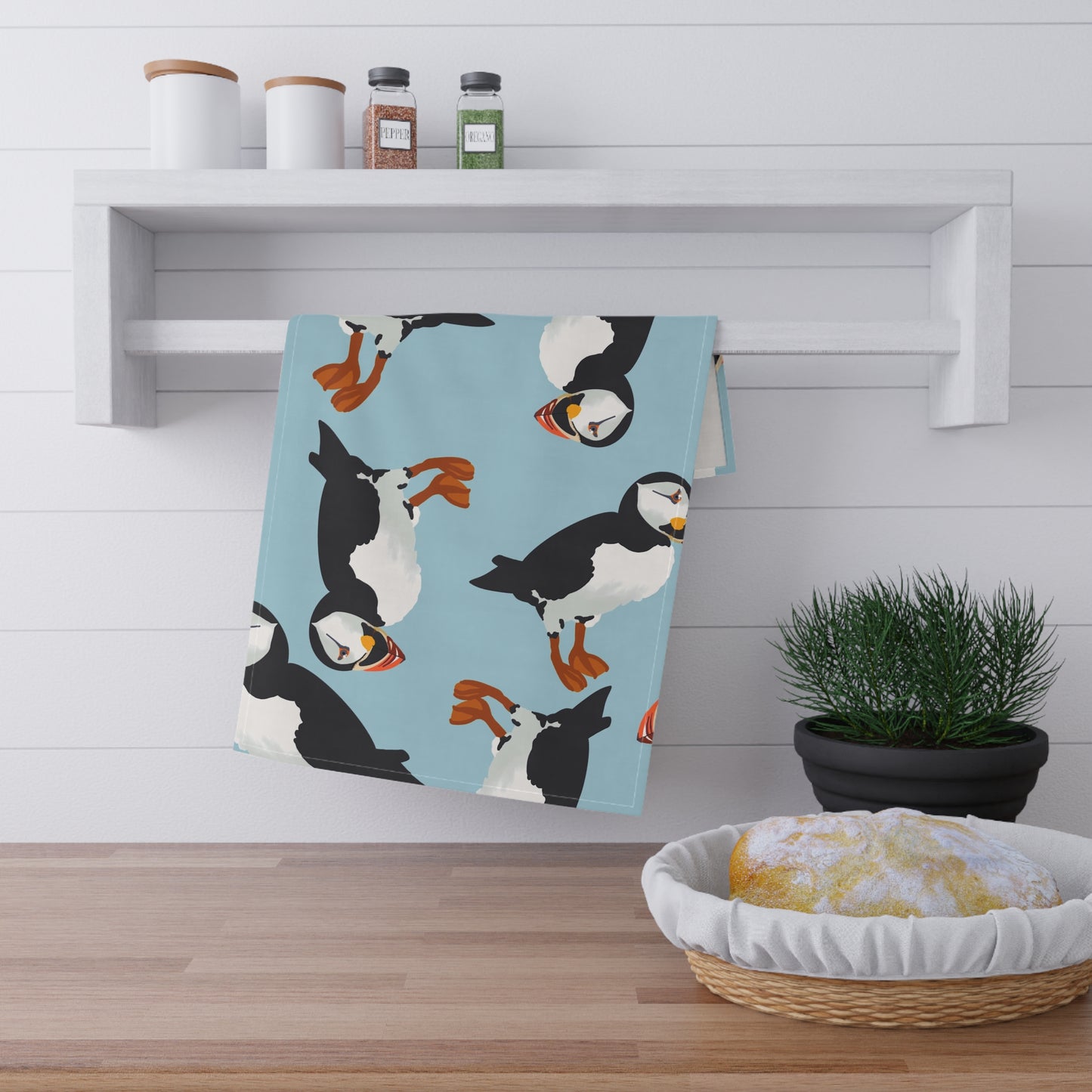 Puffin Pattern Tea Towel | Bird Lover Kitchen Decor