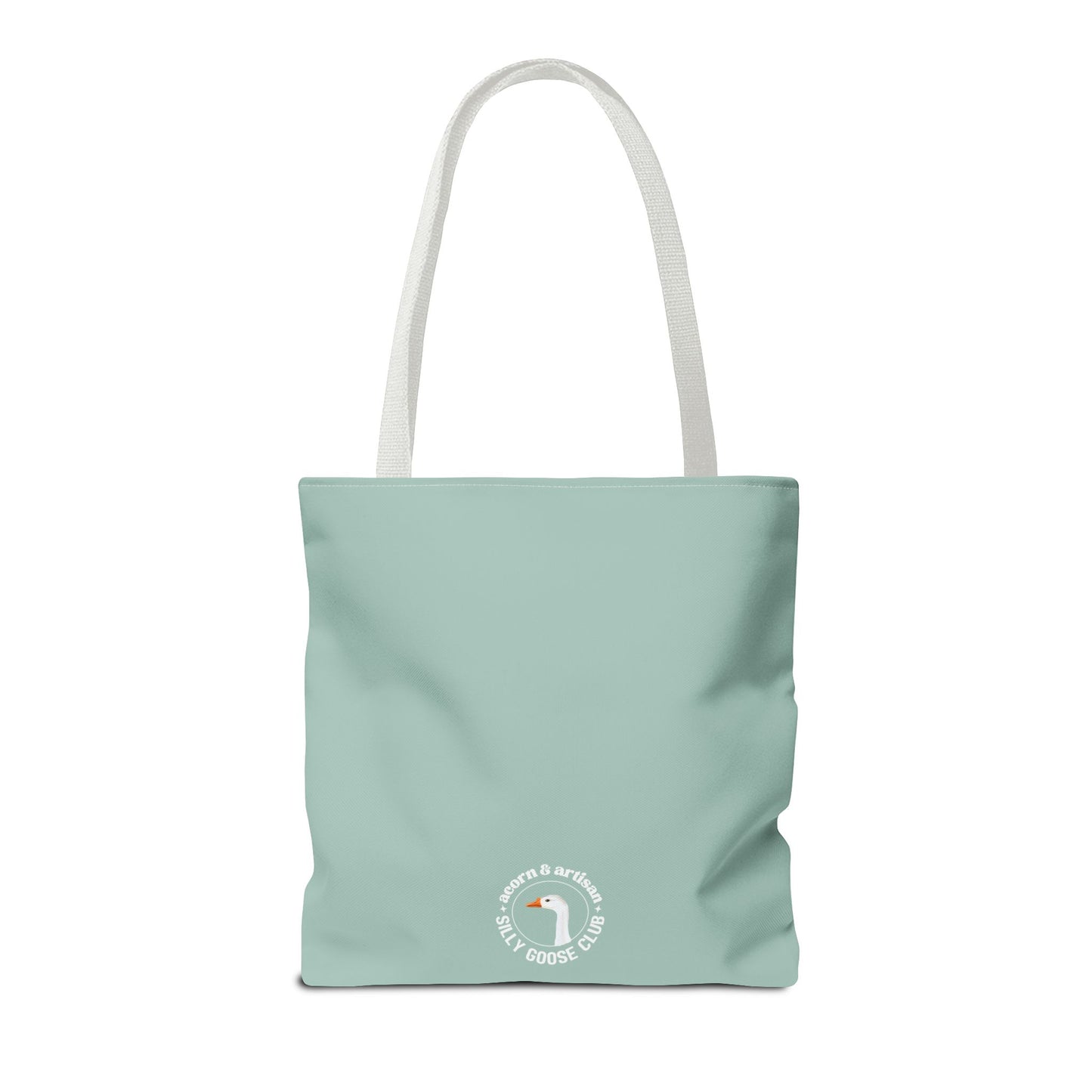 Light blue tote bag with a logo on a white background