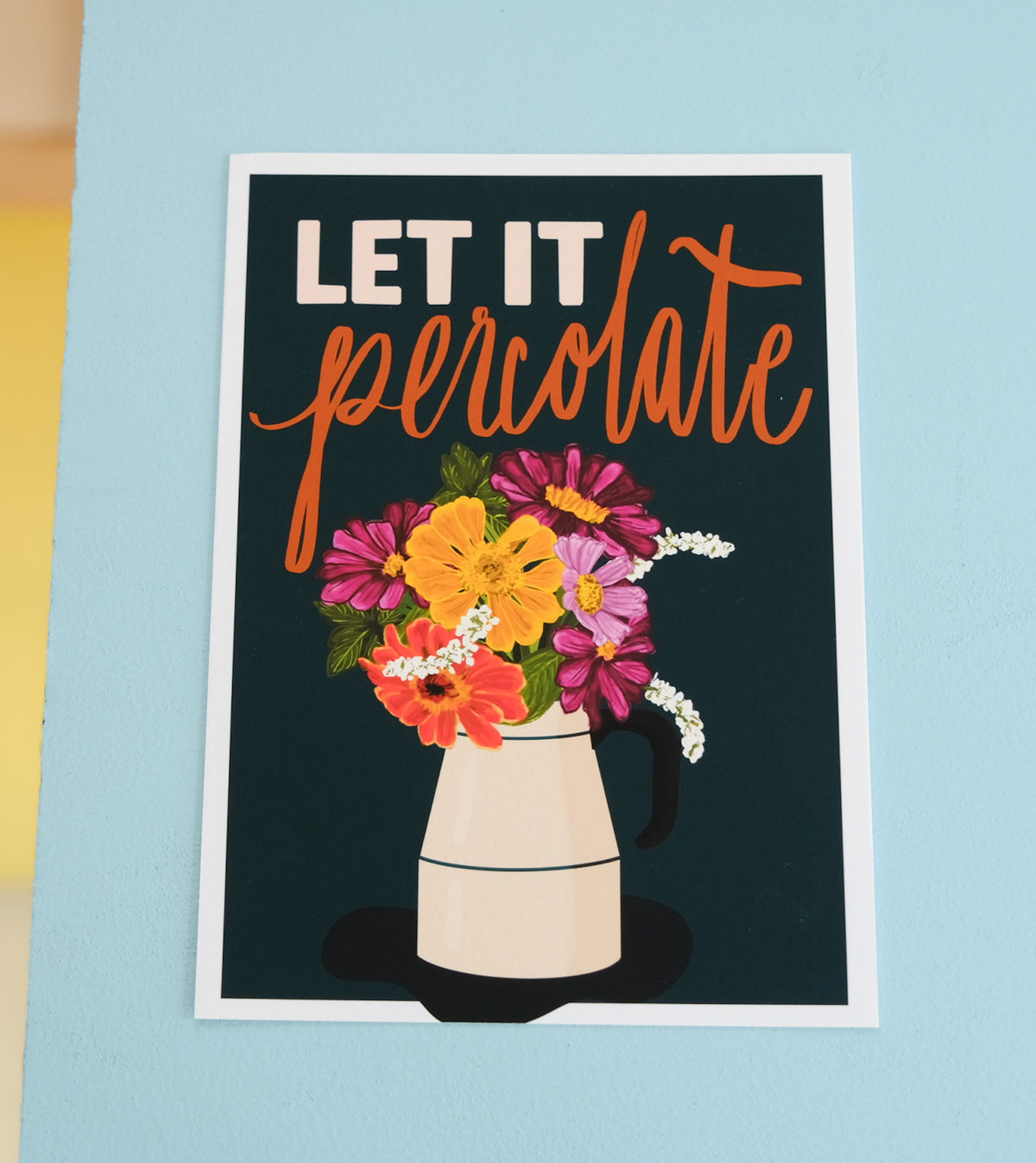 Let It Percolate art print with a floral coffee pot on navy.