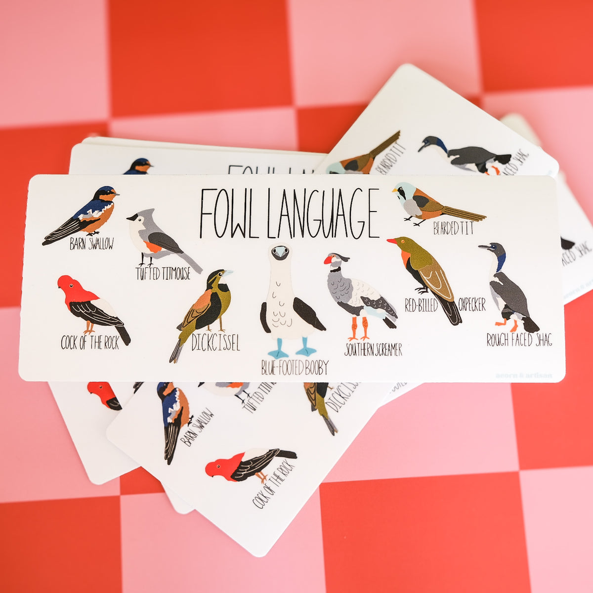 Fowl Language bumper sticker with nine birds and their names.