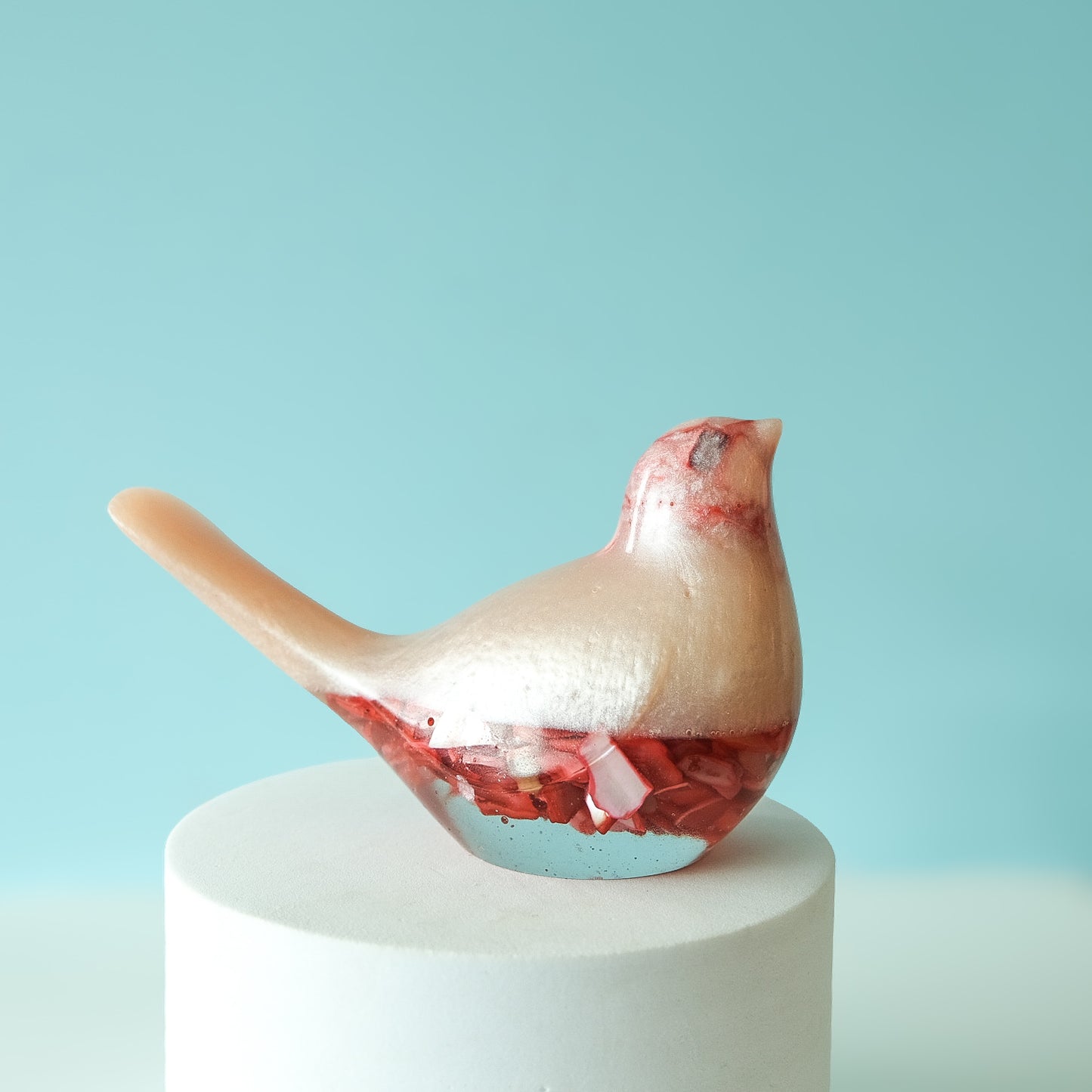 Red & Pink Resin Bird Paperweight – Handmade Botanical Décor | Acorn & Artisan
