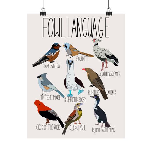 Close-up view of the 'Fowl Language' poster, highlighting the vibrant illustration of the blue-footed booby and its quirky charm.