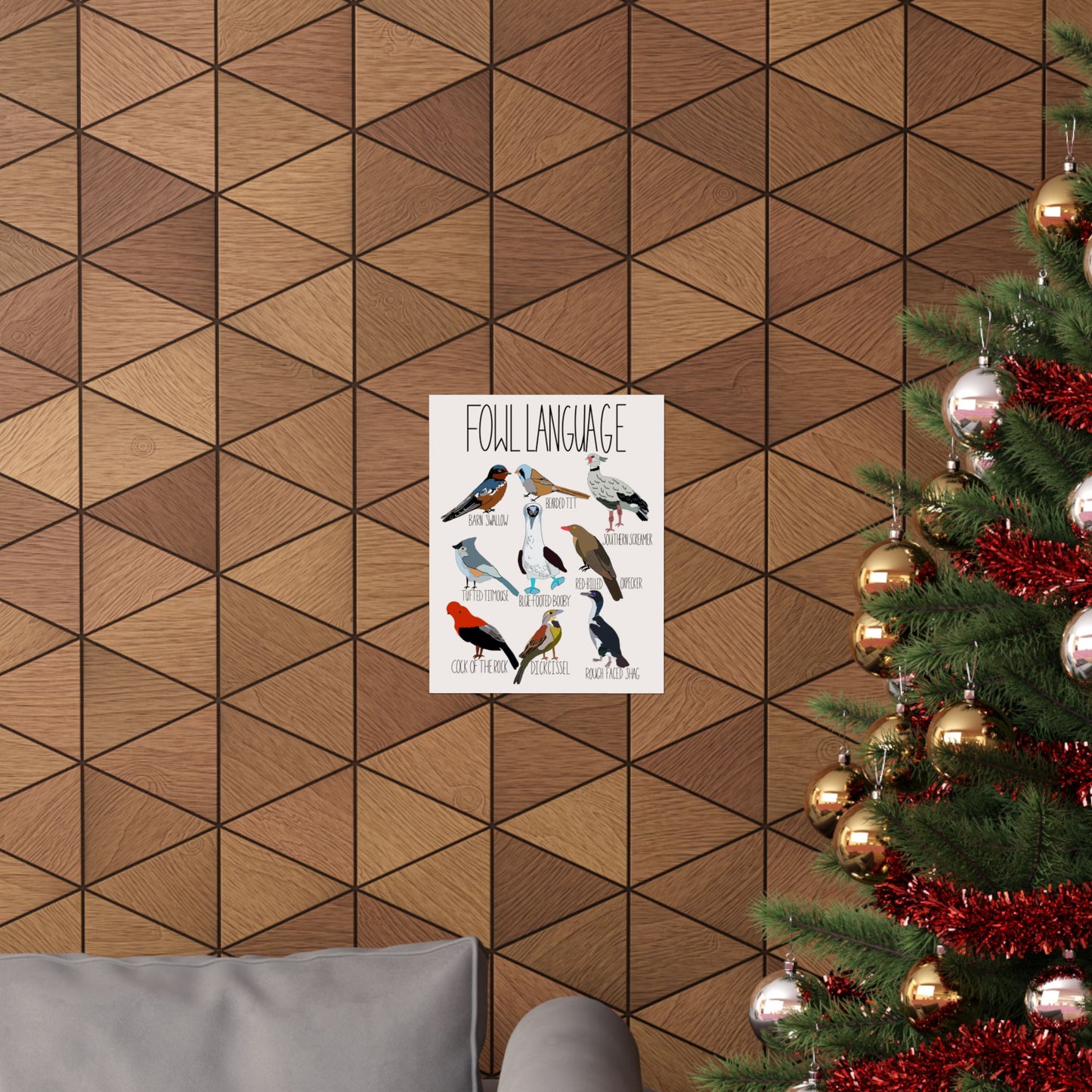 Colorful 'Fowl Language' poster styled as wall art in a cozy living room, perfect for nature enthusiasts and lovers of quirky decor.