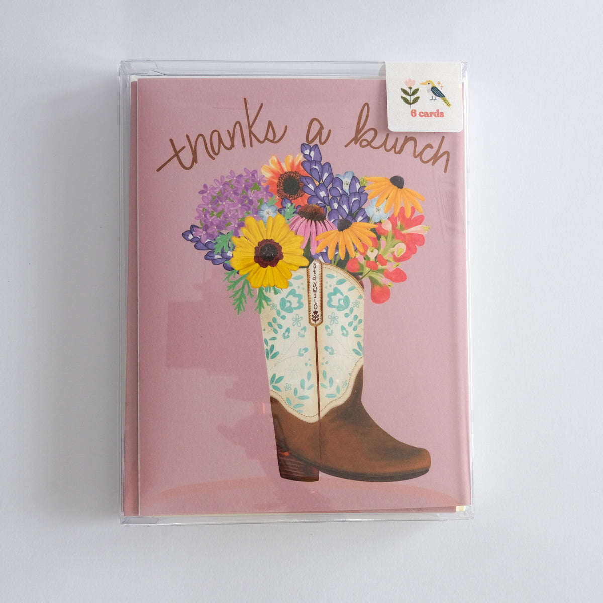 Thanks a Bunch greeting card with flowers in a cowgirl boot vase.