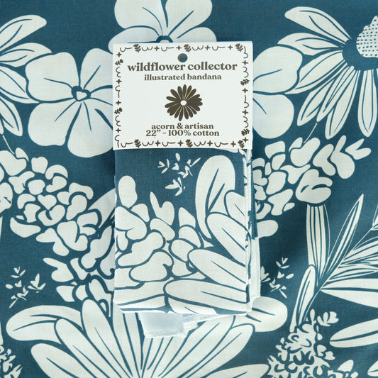 Detail view of Wildflower Collector Floral Cotton Bandana, showing the illustration and material