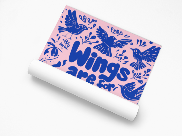 Partially rolled 'Wings Are for Those Who Dare to Dream' poster, highlighting its vibrant bird illustrations and motivational phrase, perfect for gifting or personal use.