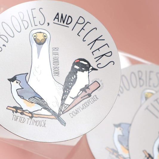 magnet showing a tufted titmouse, blue footed booby, and a downy woodpecker with the title tits, boobies, and peckers