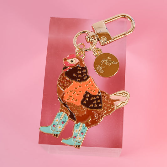 Strawberry Cowgirl Chicken Enamel Keychain | 2" Enamel Bag Charm