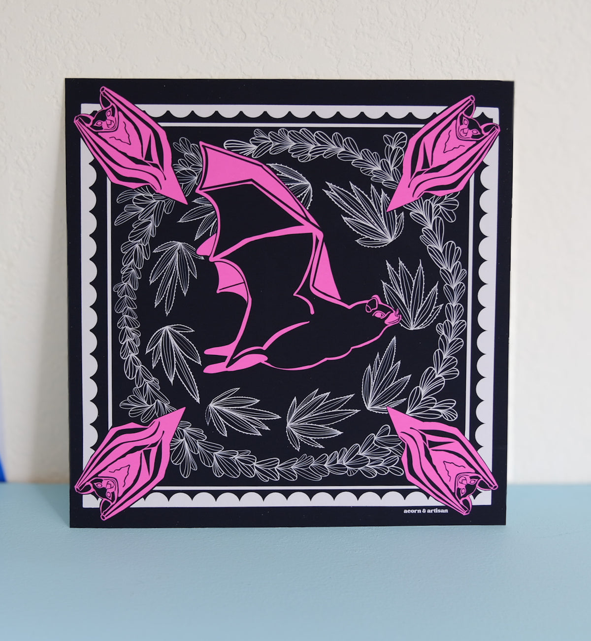 Midnight Pollinator art print with a bat, pink flowers and white agave on navy.