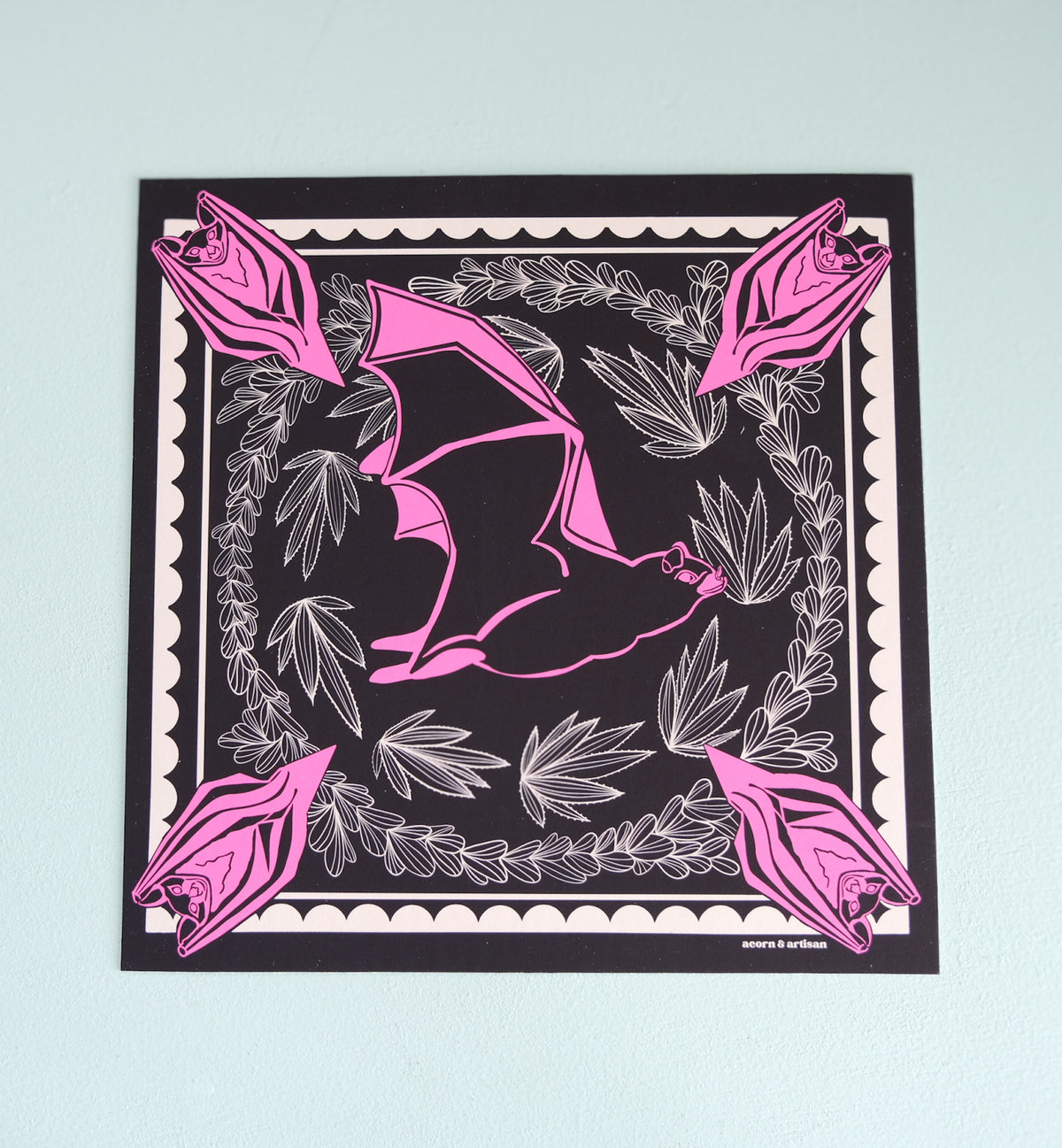 Midnight Pollinator art print with a bat, pink flowers and white agave on navy.