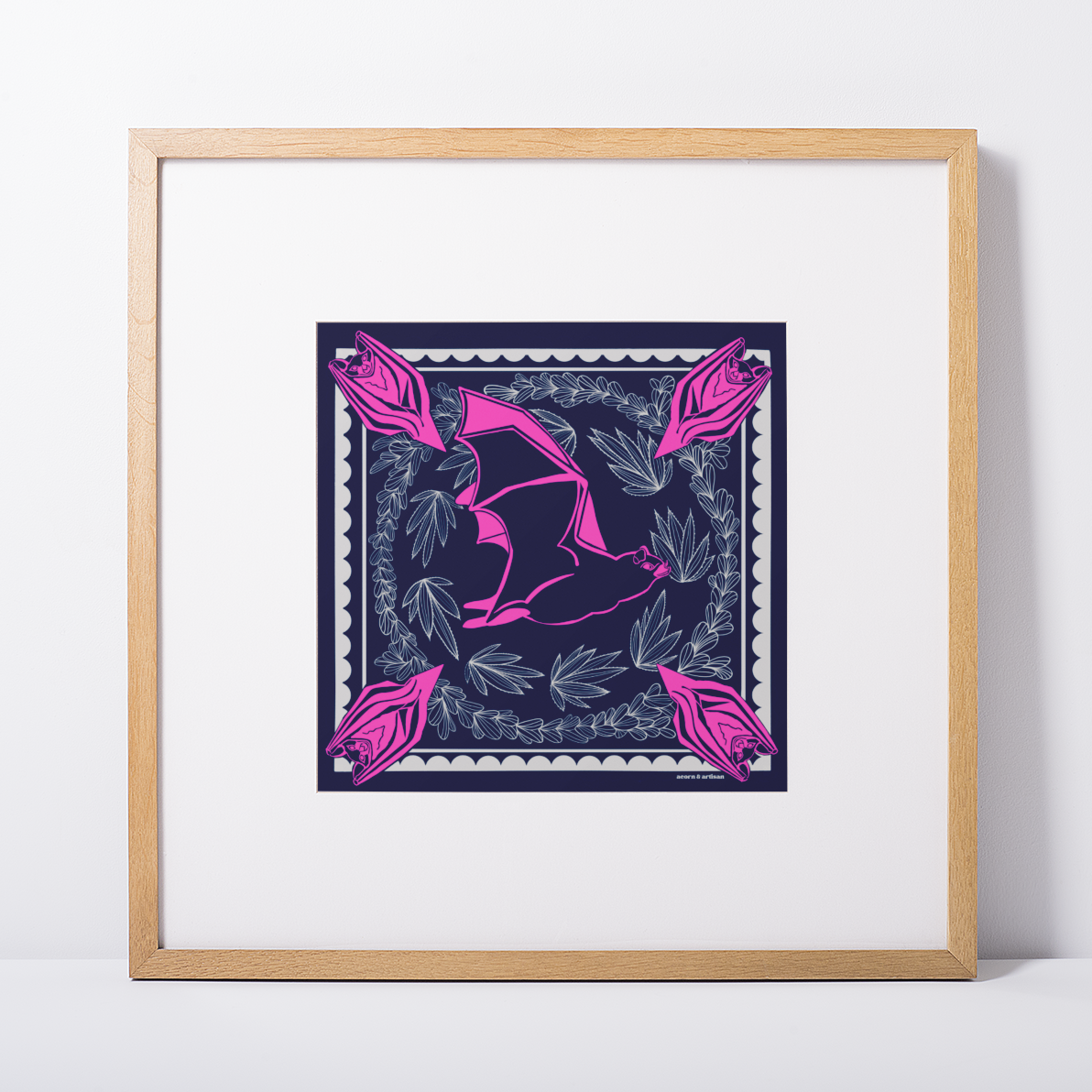 Midnight Pollinator art print with a bat, pink flowers and white agave on navy.