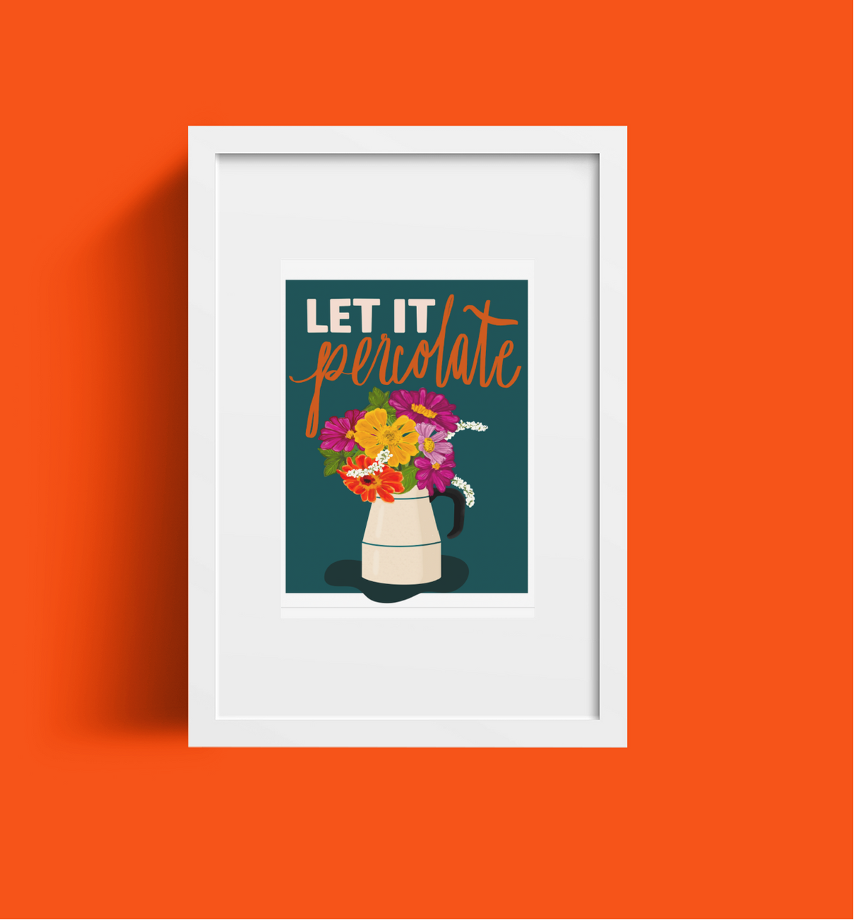 Let It Percolate art print with a floral coffee pot on navy.