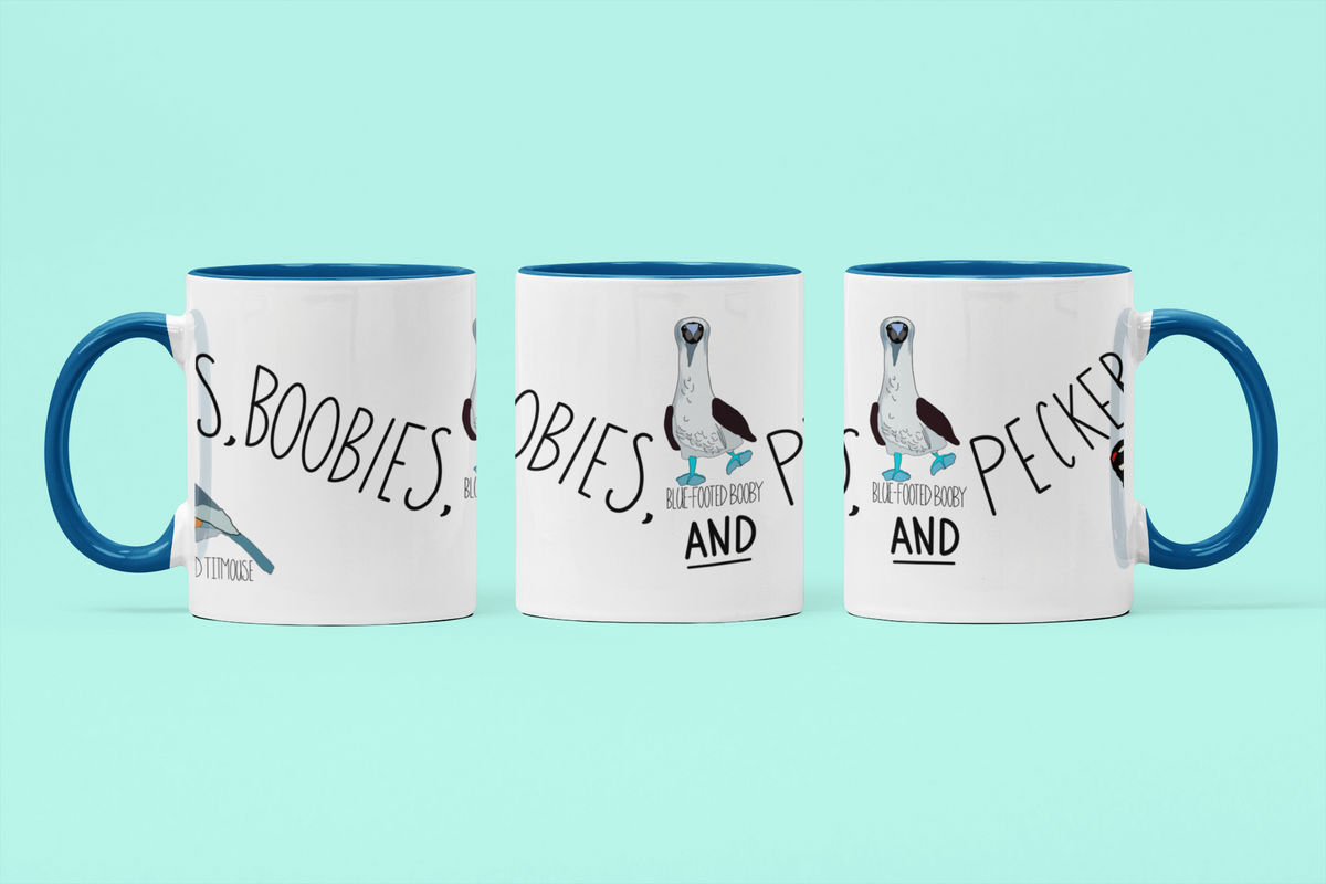 Tits, Boobies & Peckers white ceramic mug with blue handle and bird illustrations.