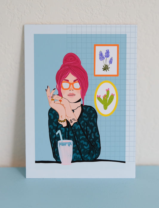 Art Print – Retro Coffee Shop Girl Illustration