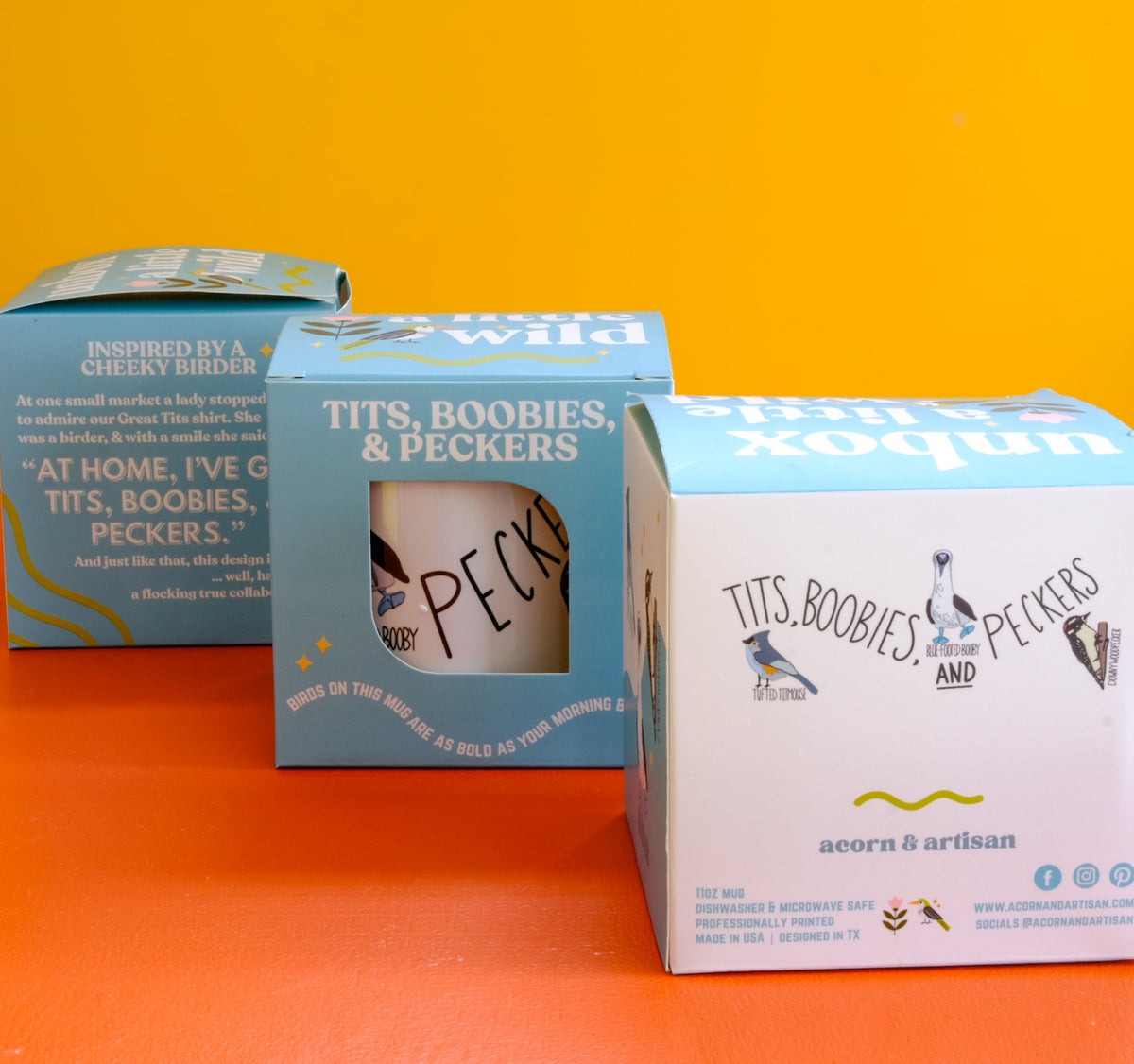Front, back and side of illustrated bird mug gift boxes.