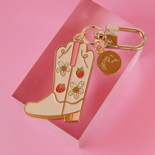 Strawberry Cowgirl Boot Enamel Keychain | 2" Enamel Bag Charm