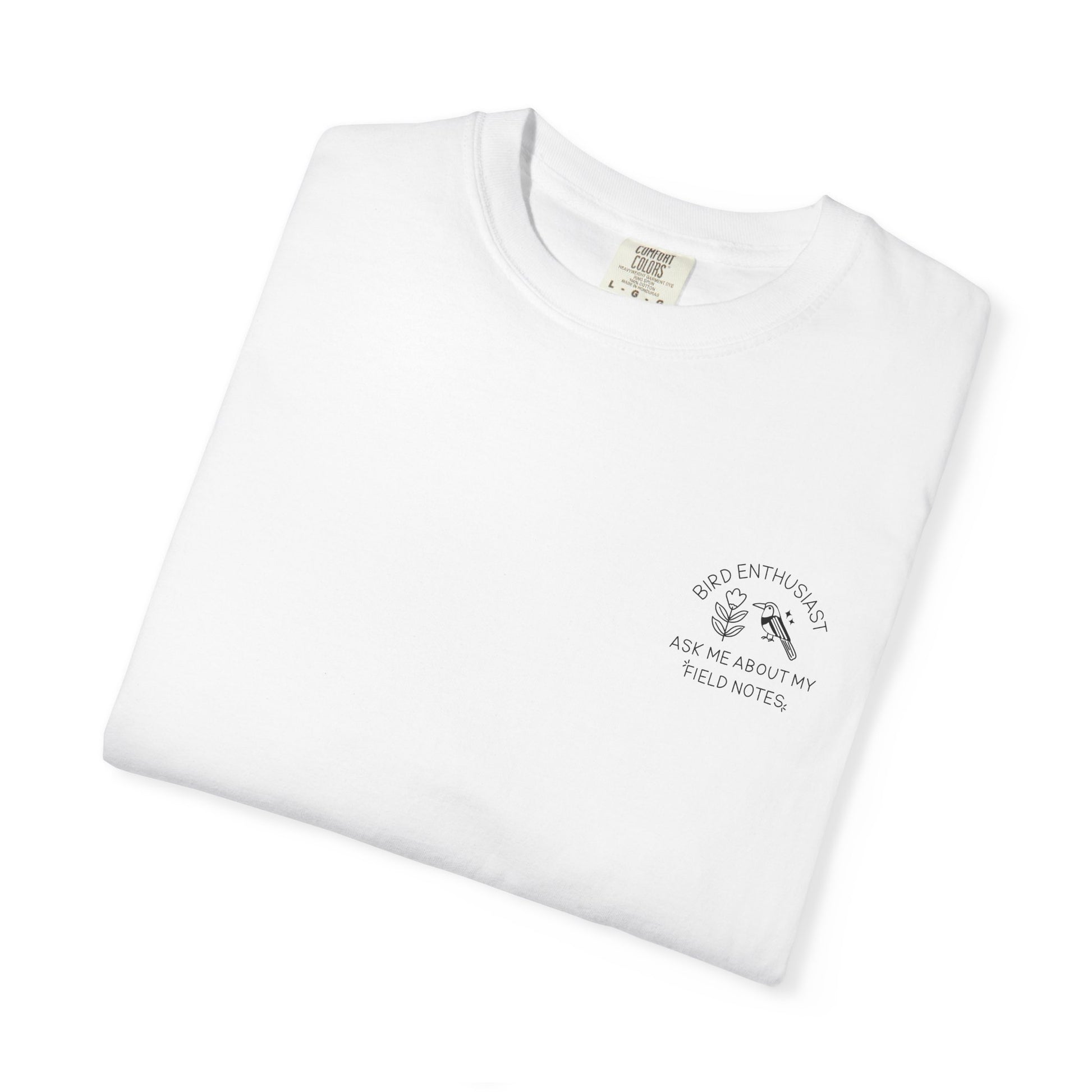 White t-shirt with text and logo on a white background