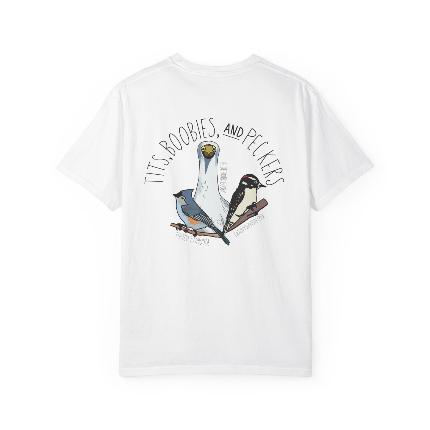 White t-shirt with bird graphic and text on a white background