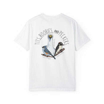 White t-shirt with bird graphic and text on a white background
