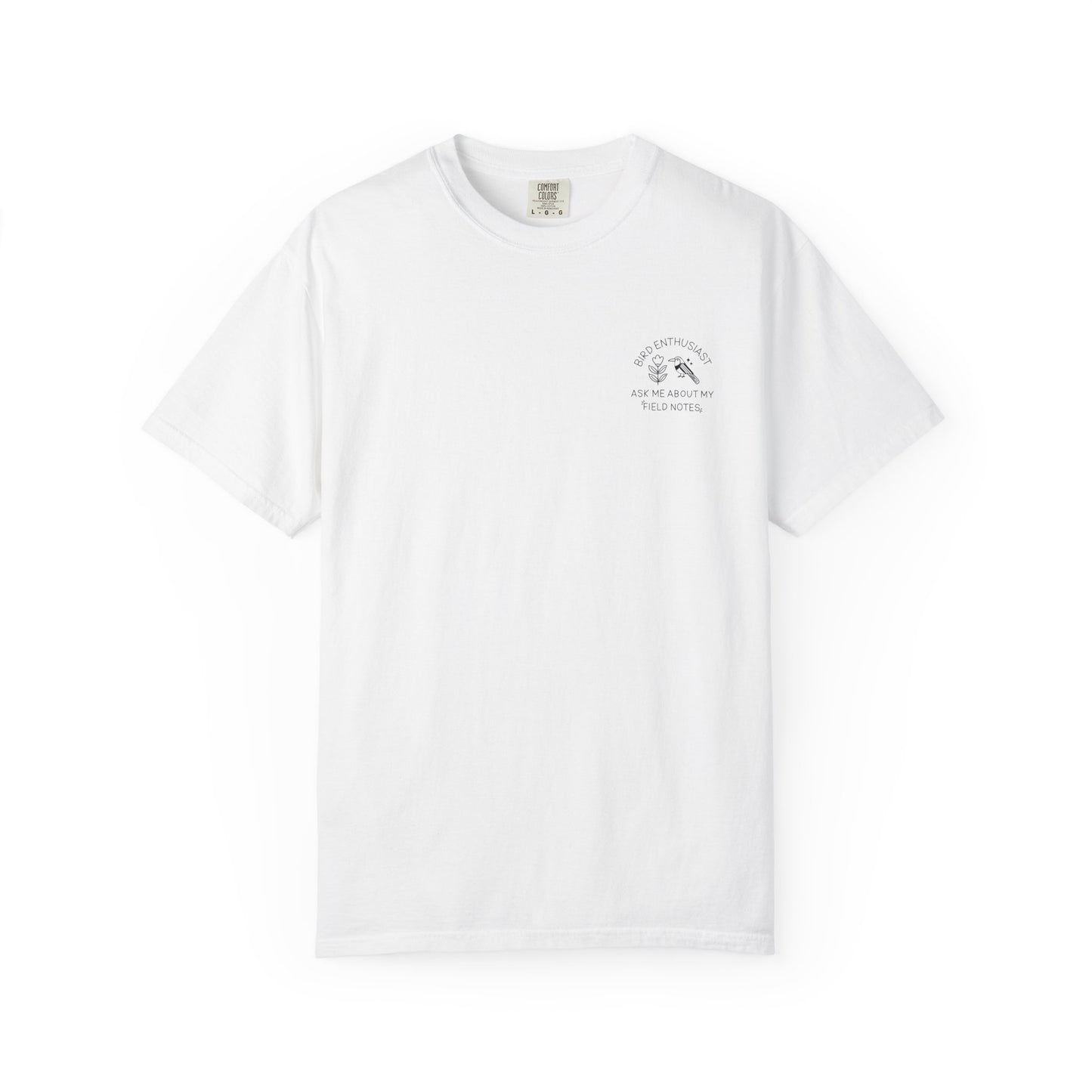 White t-shirt with a small graphic on the chest against a white background