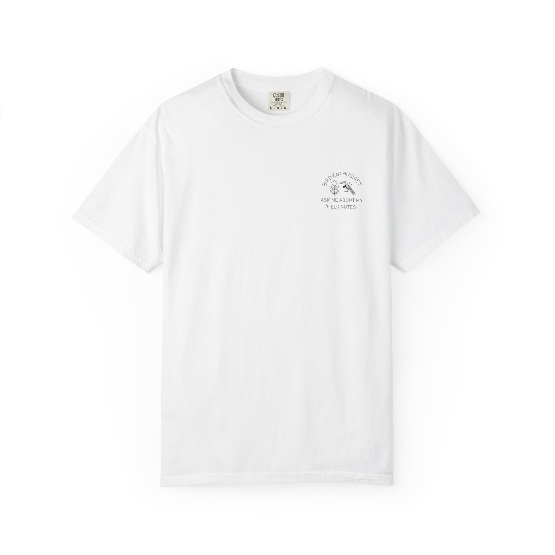 White t-shirt with a small graphic on the chest against a white background