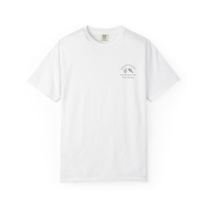 White t-shirt with a small graphic on the chest against a white background