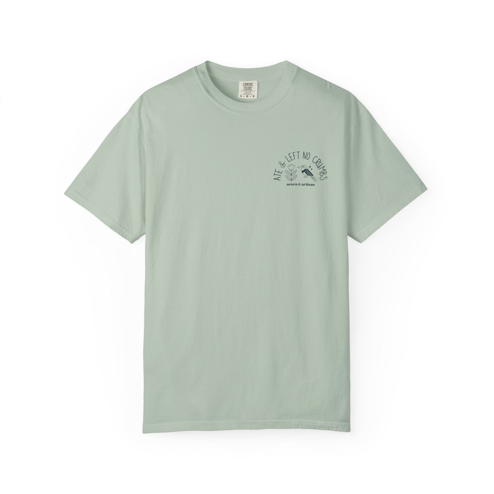 Light green t-shirt with text on a white background