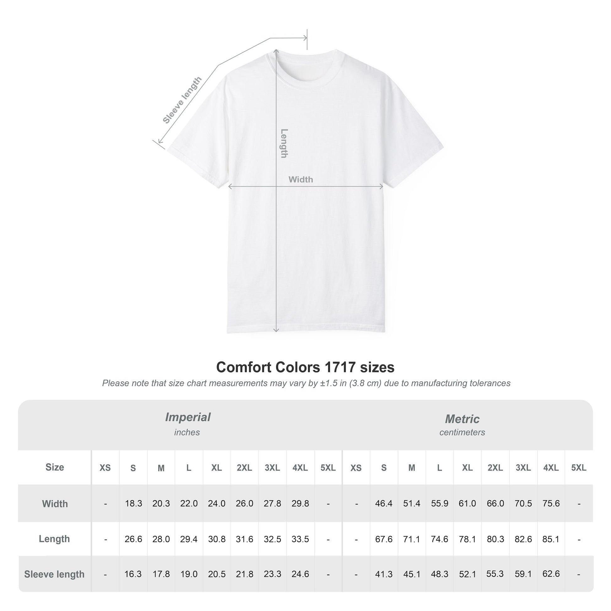 White t-shirt with measurement chart on a white background