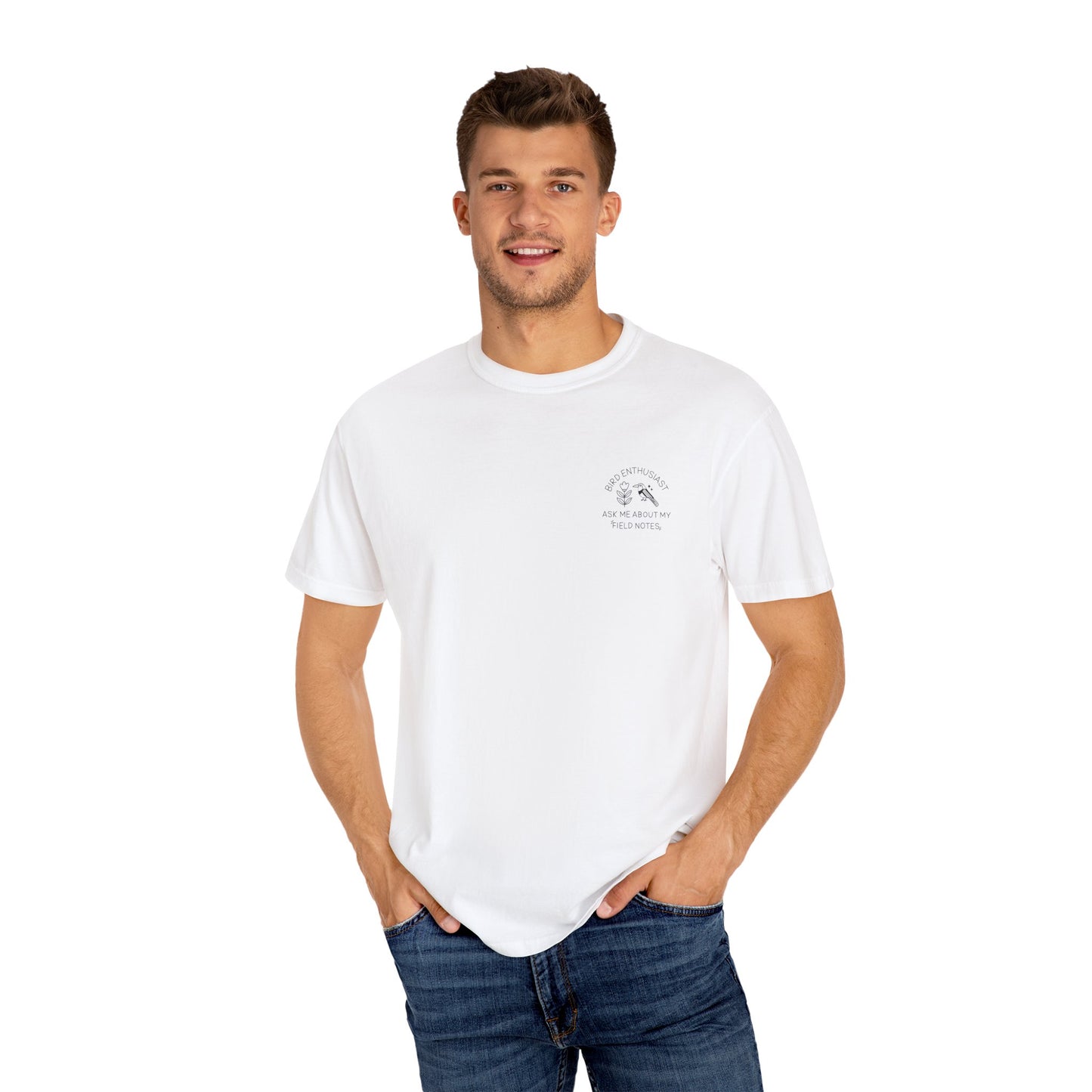 Man wearing a white t-shirt with a logo on a white background