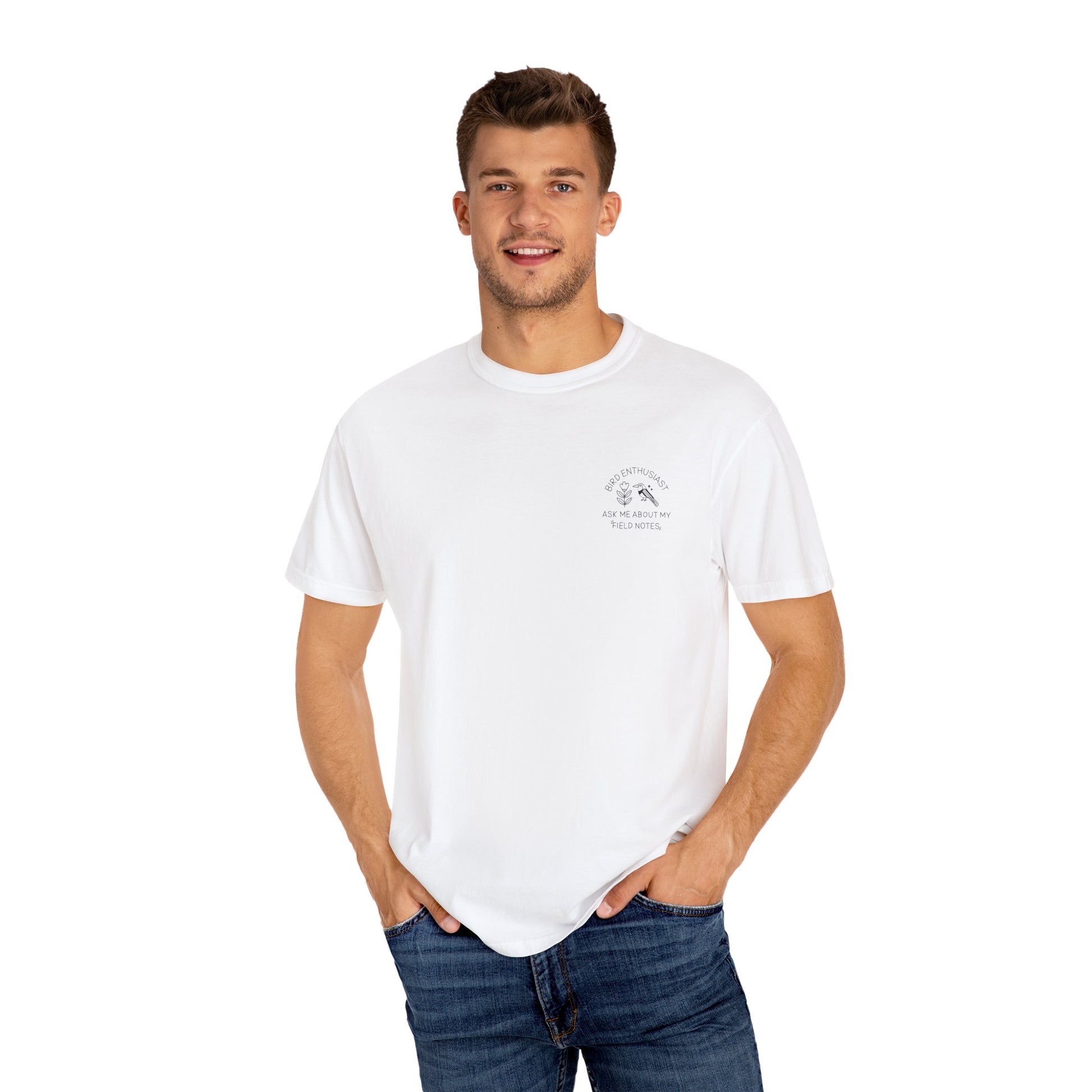 Man wearing a white t-shirt with a logo on a white background