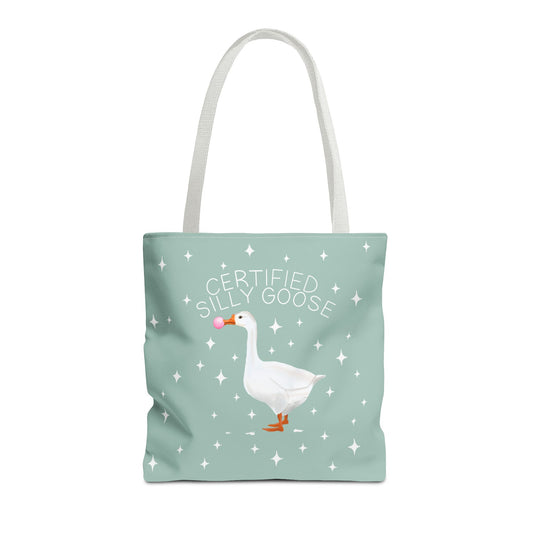 Tote bag with a goose illustration and text on a light green background