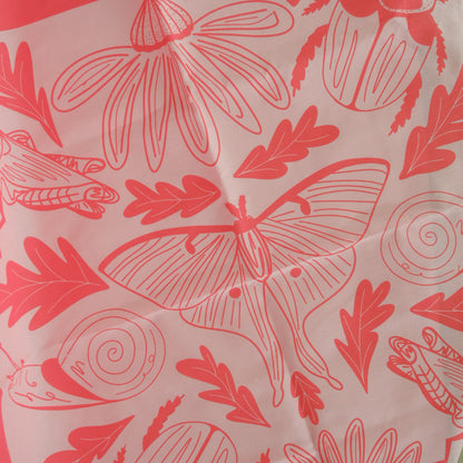 Close-up of Backyard Bug Club Insect & Garden Cotton Bandana, showing the illustrated design and product details