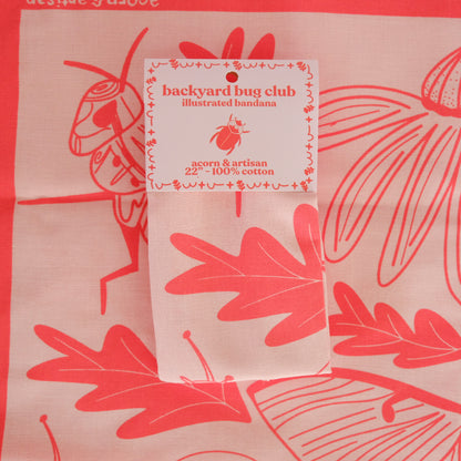 Detail view of Backyard Bug Club Insect & Garden Cotton Bandana, showing the illustration and material