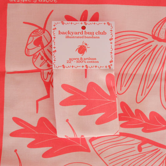 Detail view of Backyard Bug Club Insect & Garden Cotton Bandana, showing the illustration and material