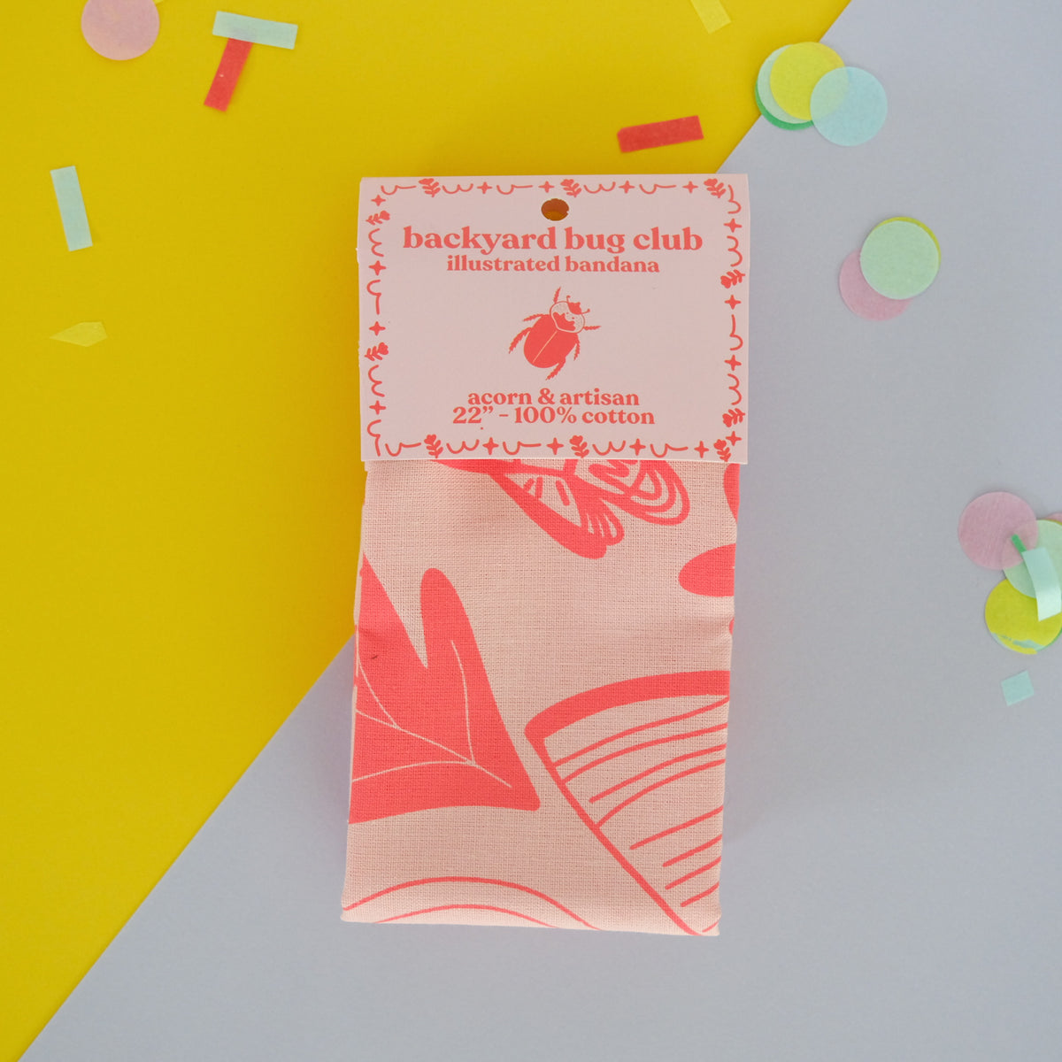 Flat lay of Backyard Bug Club Insect & Garden Cotton Bandana, showing the full design