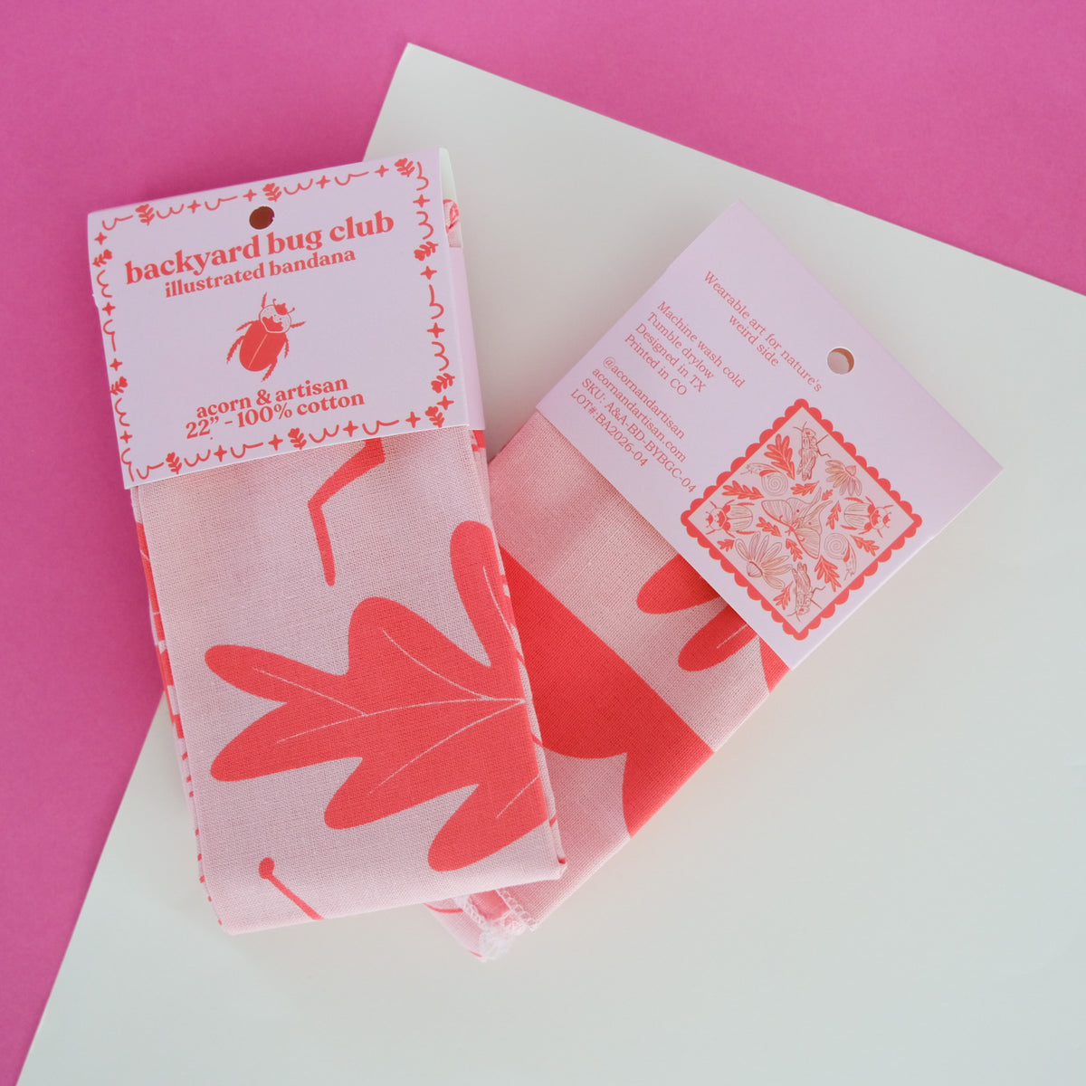 Backyard Bug Club Insect & Garden Cotton Bandana with Acorn & Artisan retail packaging