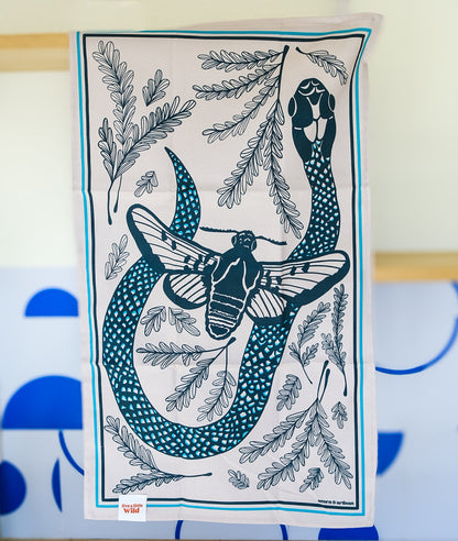 Texas Night & Brush Tea Towel | Moth & Snake Cotton Flour Sack 16" × 28"