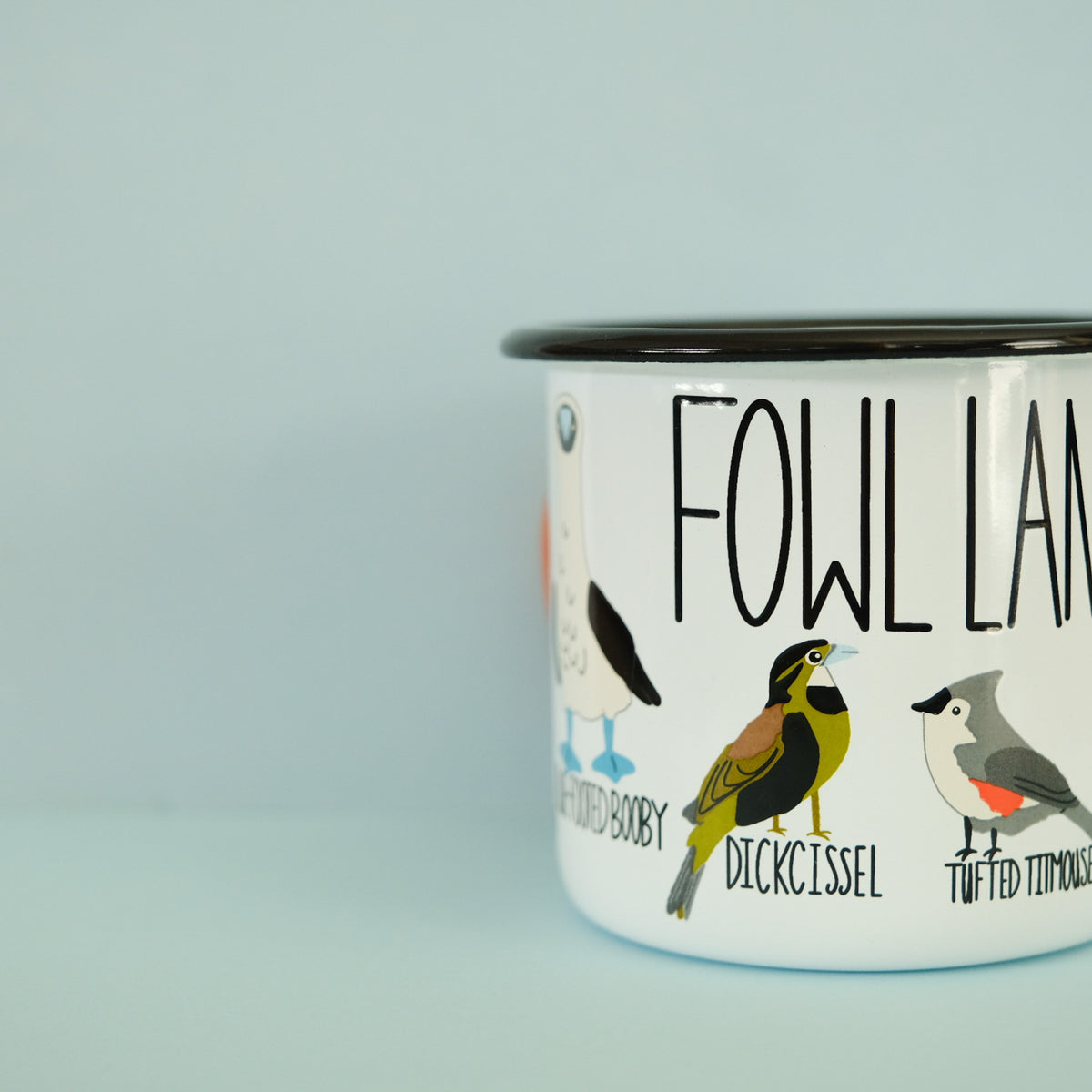 Close-up of Fowl Language Camp Mug, showing the illustrated design and product details