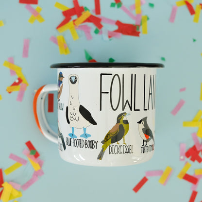 Fowl Language Camp Mug styled in a colorful lifestyle setting