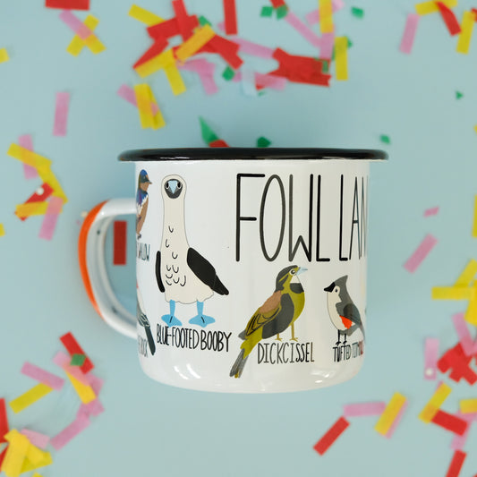 Fowl Language Camp Mug styled in a colorful lifestyle setting