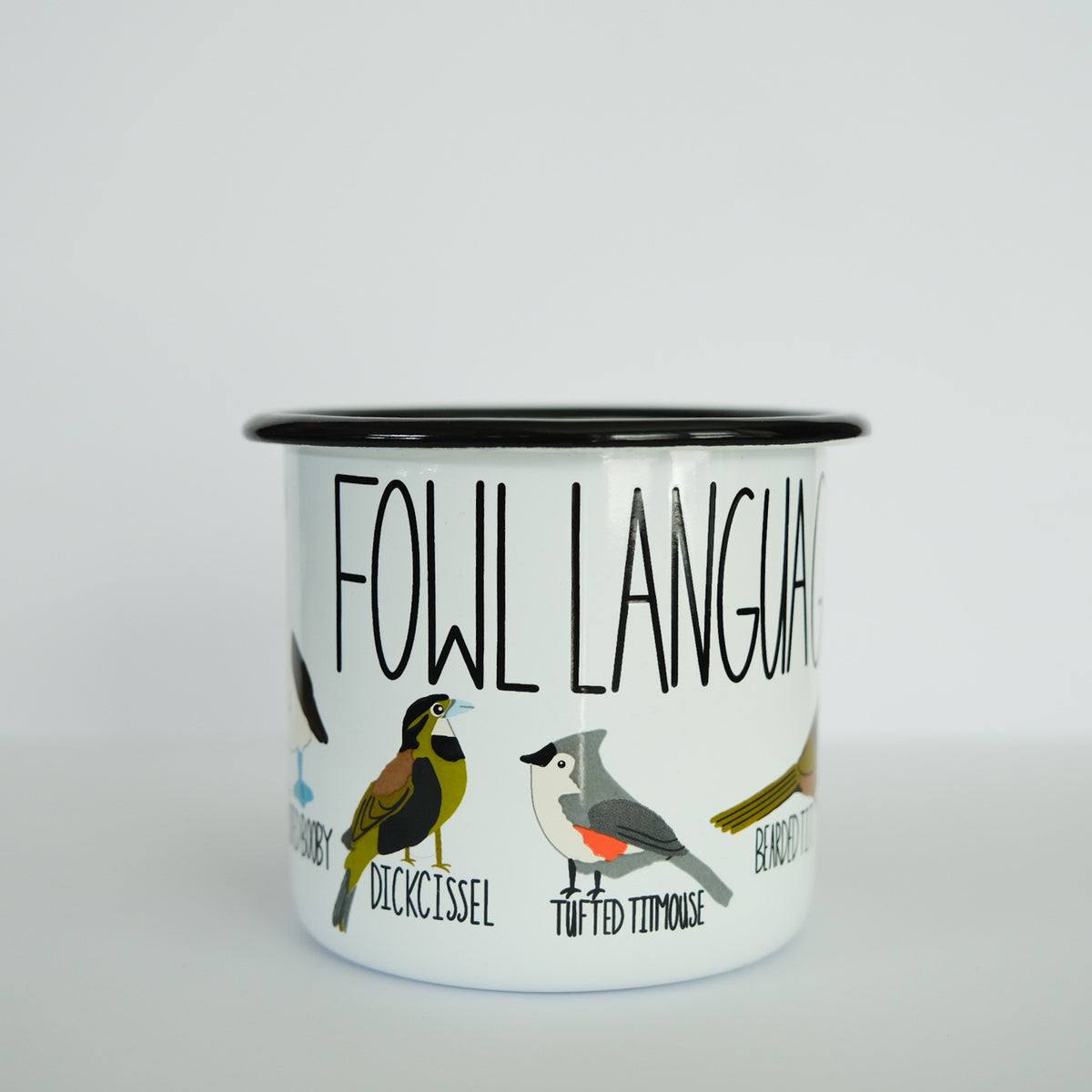 Fowl Language Camp Mug photographed on a white background