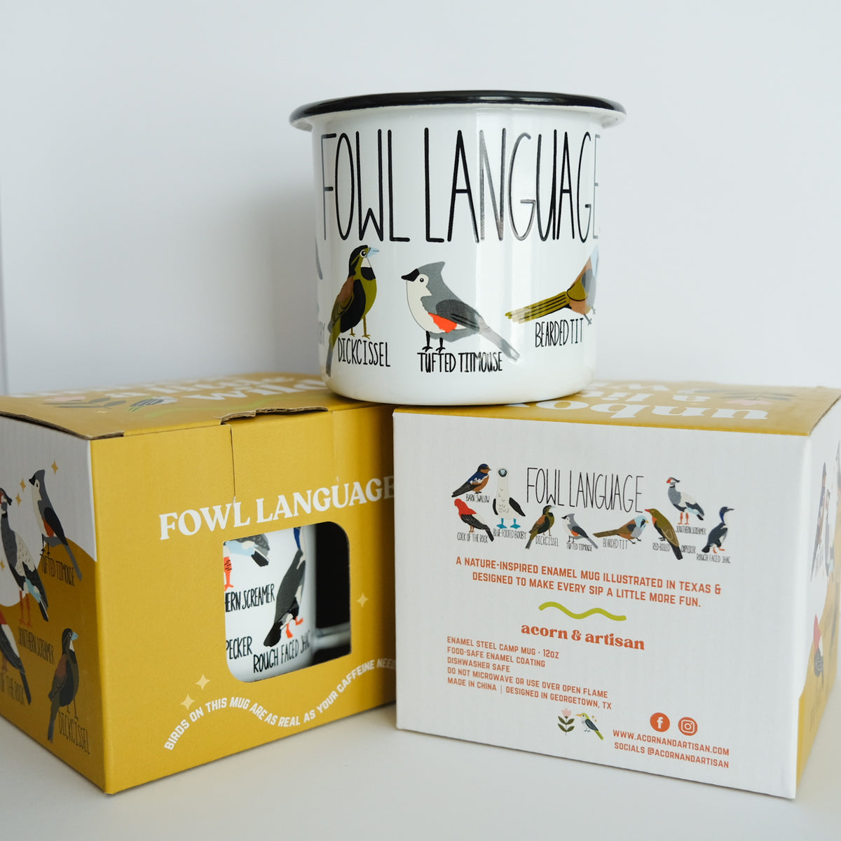 Fowl Language Camp Mug photographed on a white background