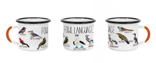 pre-order - Enamel Camp Mug, Fowl Language Bird Design, 12 oz