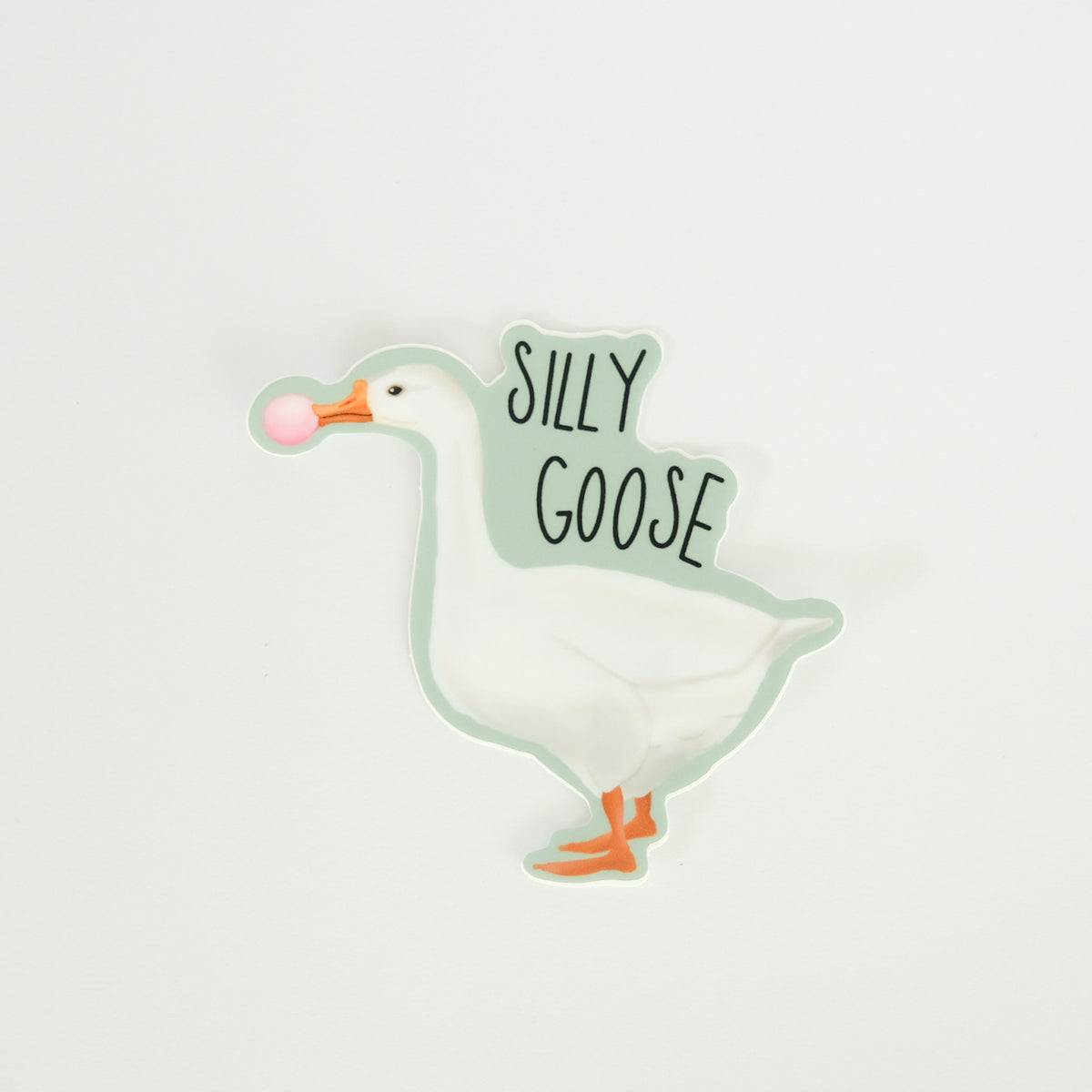 Silly Goose vinyl sticker with a white goose blowing pink bubblegum.
