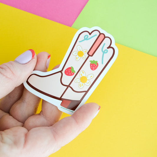 Strawberry Cowgirl Boot Vinyl Sticker shown for scale