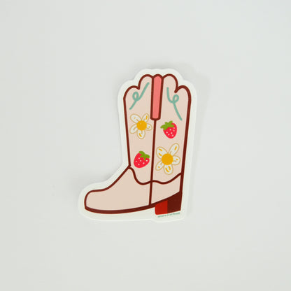 Strawberry Cowgirl Boot Vinyl Sticker photographed on a white background