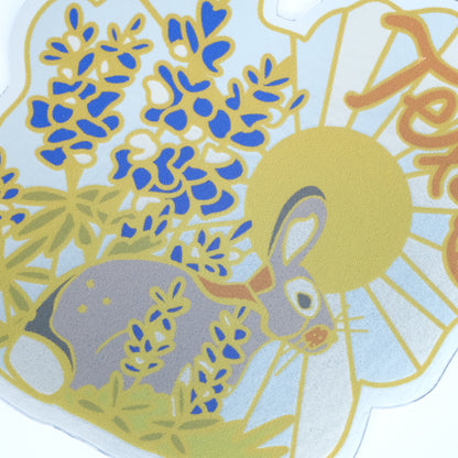Close-up of Texas Bluebonnet Bunny Vinyl Sticker, showing the illustrated design and product details