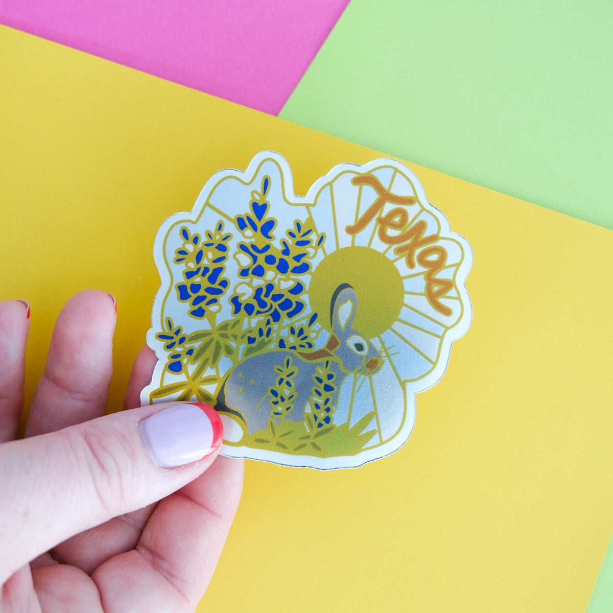 Close-up of Texas Bluebonnet Bunny Vinyl Sticker, showing the illustrated design and product details