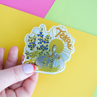 Close-up of Texas Bluebonnet Bunny Vinyl Sticker, showing the illustrated design and product details