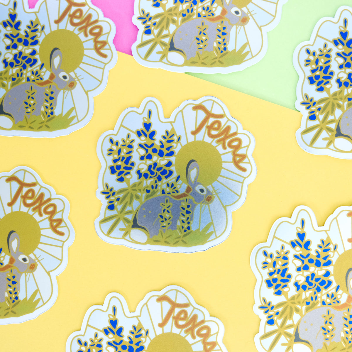 Group of Texas Bluebonnet Bunny Vinyl Sticker products arranged together
